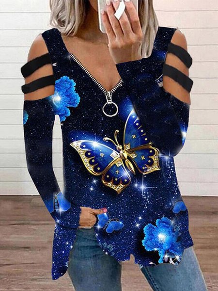 

Vintage Butterfly Printed Zipper V Neck Long Sleeve Plus Size Casual Tops, Blue, T-Shirts