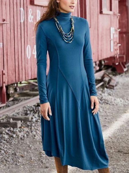 

Casual Long Sleeve Cowl Neck Plus Size Dress, Blue, Midi Dresses