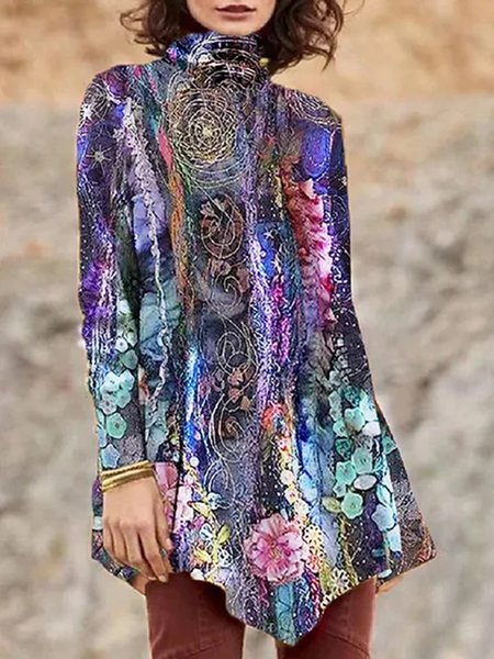 

Casual Long Sleeve Printed Tops, Purple, Tops