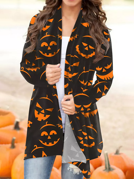 

Halloween Pumpkin Face Long Sleeve Casual Cardigan, Black, Outerwear