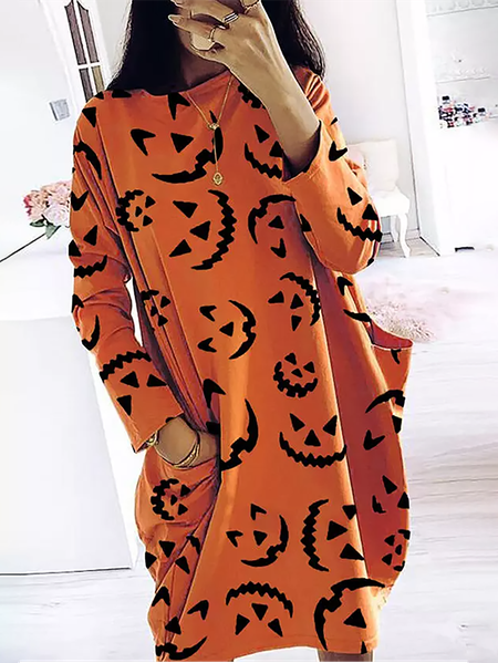 

Halloween Pumpkin Face Round Neck Pocket Mini Dresses, Orange, Mini Dresses