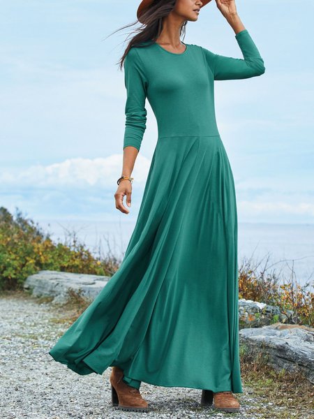 

Casual Long Sleeve Round Neck Plus Size Dress, Green, Maxi Dresses