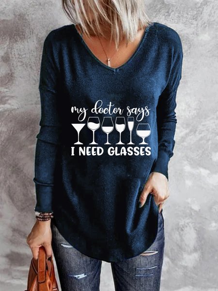 

Manica lunga Scollo a V Taglie grandi Stampare Camicette e Camicie Maglietta, Blue, Blouses & Shirts