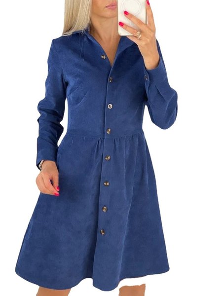 

Cotone miscele Colletto a Camicia Solido Abito, Blu intenso, Midi Dresses