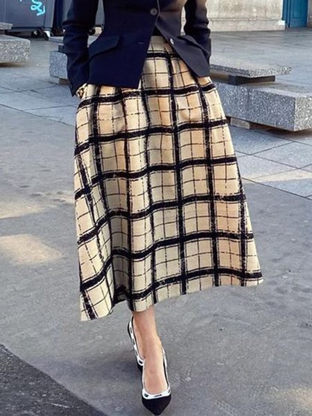 

Work Date Daily Checked Plaid Vintage Skirts, Apricot, Maxi Skirts