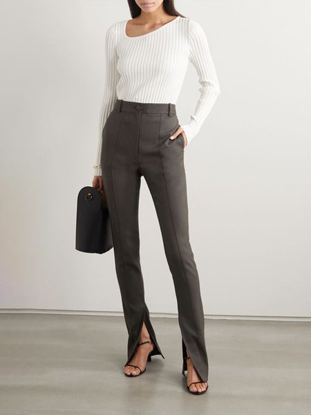 

Vintage Casual Simple Plain Basics Pants, Gray, Straight Leg Pants