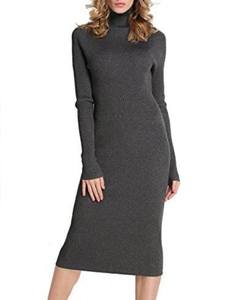 

Casual Vintage Simple Shirt Sleeve Basics Dress, Gray, Midi Dresses