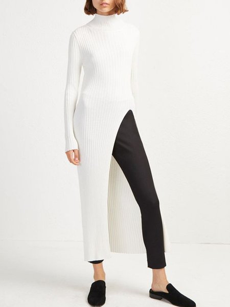 

Work Daily Date Stand Collar Simple Shirt Sleeve Sweater, White, Pullovers