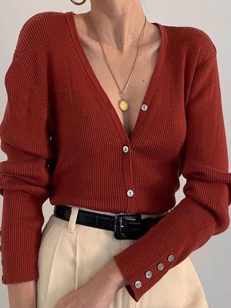 

Casual Simple Vintage V Neck Shirt Sleeve Sweater, Caramel, Pullovers