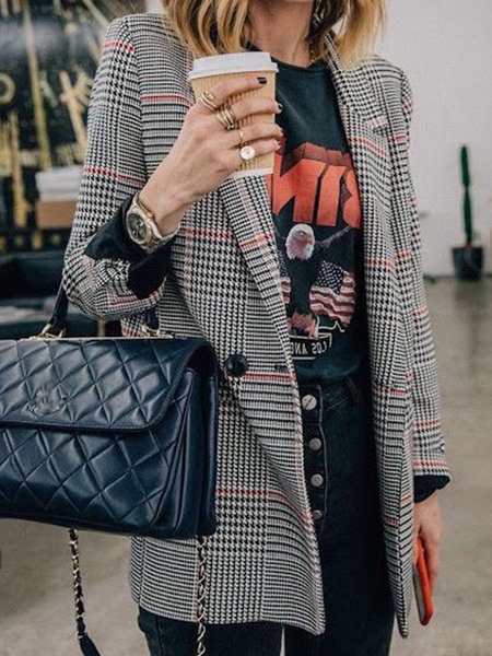 

Casual Shirt Sleeve Vintage Grid Outerwear, Deep gray, Blazers