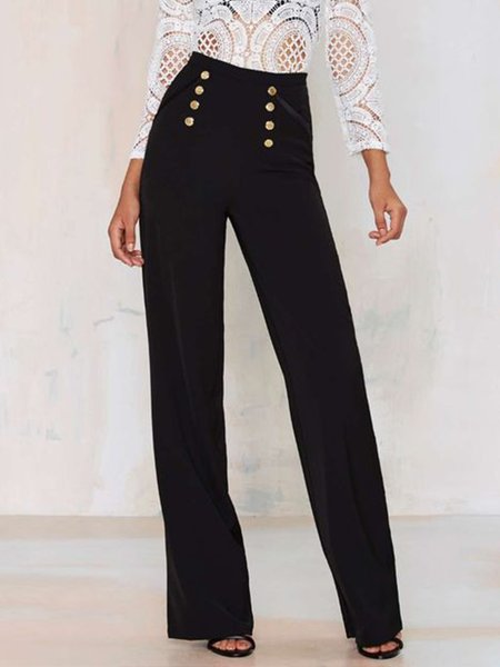 

Vintage Casual Simple Regular Fit Plain Pants, Black, Straight Leg Pants