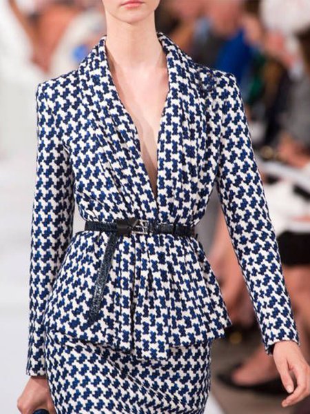 

Work Daily Shirt Sleeve Casual V Neck Printed Jacket, Blue, Blazers