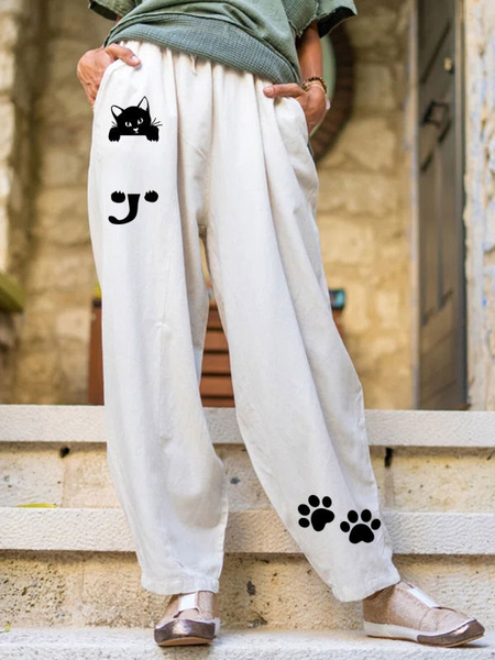 

Animal Cat Pattern Casual Cotton Blends Pants, White, Pants