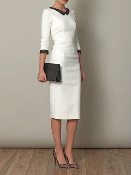 

Elegant Skinny Three Quarter Solid Midi Dress, White, Midi Dresses