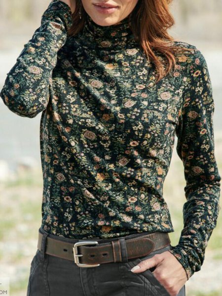 

Vintage Floral Printed Long Sleeve Plus Size Casual Tops, Multicolor, T-Shirts