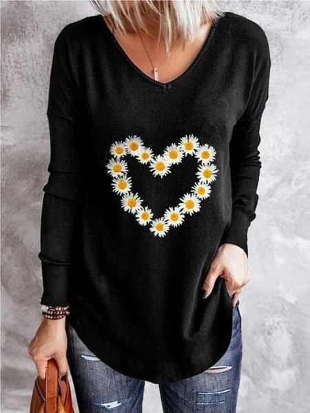 

Casual V Neck Long Sleeve Floral Shirts & Tops, Black, Tops