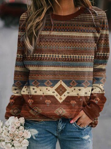 

Geometric Printed West Styles/Cows Casual Vintage Loosen Sweatshirt, Brown, Hoodies & Sweatshirts