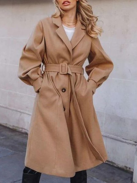 

Regular Fit Plain Shirt Sleeve Casual Trench Coats With Belt, Khaki, Coats