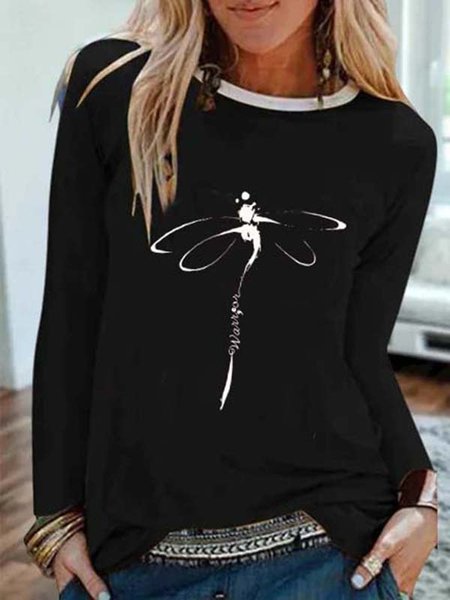 

Dragonfly Printed Crew Neck Long Sleeve Casual Shirts & Tops, Black, T-Shirts