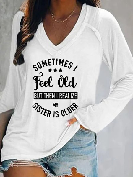 

Casual V neck Letter Long Sleeve Shirts & Tops, White, T-Shirts