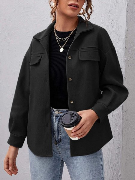 

Shirt Collar The Button Casual Outerwear, Black, Outerwear