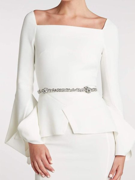 

Square Neck Elegant Solid Top, White, Blouses and Shirts