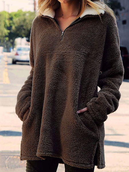 

Plush faux fur Casual Loosen Shirts & Tops, Coffee, Tops
