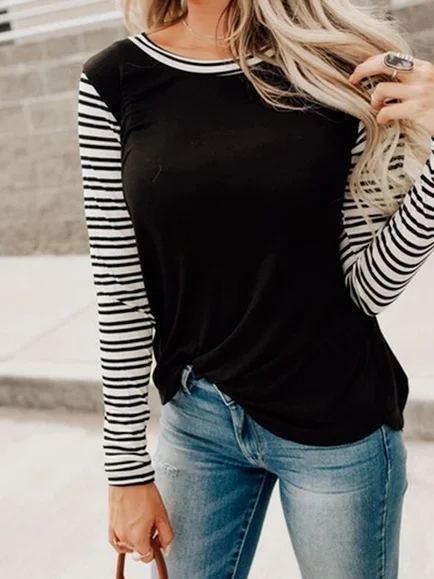 

Print Striped Round Neck Long Sleeves T-shirts, Black, Long sleeve tops