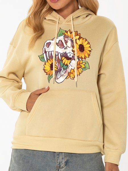 

Unocis Sunflower and Skull Print Hooded Long Sleeve Sweatshirt, Apricot, Hoodies
