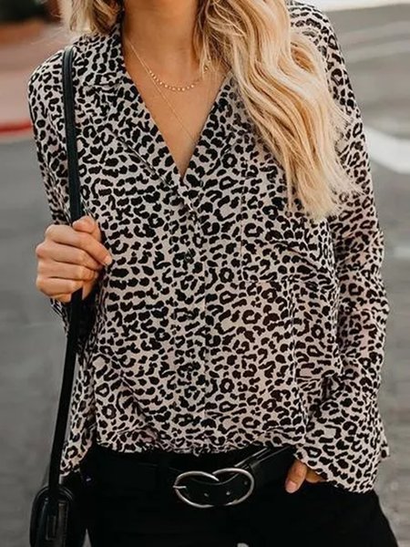 

Regular Fit Shirt Collar Leopard Long sleeve Shirt, Black, Blouses and Shirts