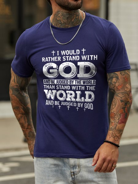 

I Would Rather Stand With God Casual Letter Crew Neck Cotton Blends T-shirt, Deep blue, T-shirts