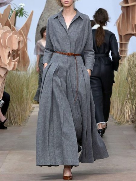 

Elegant Pleated Shirt Collar Maxi Dress, Gray, Maxi Dresses