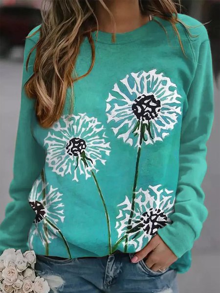 

Vintage Dandelion Printed Crew Neck Long Sleeves Plus Size Casual Sweatshirt, Green, Hoodies & Sweatshirts