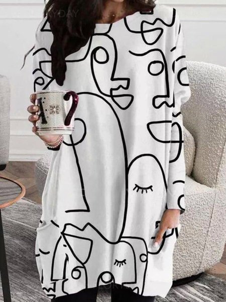 

Casual Long Sleeve Round Neck Plus Size Printed Tops T-shirts, White, T-Shirts