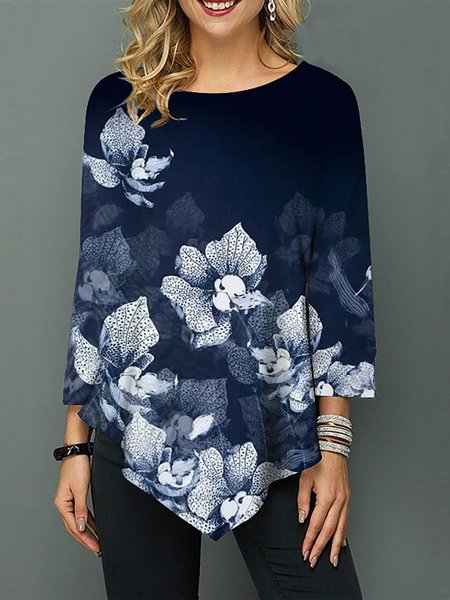 

Vintage Floral Plants Printed Long Sleeves Shirts & Tops, Navyblue, Tops