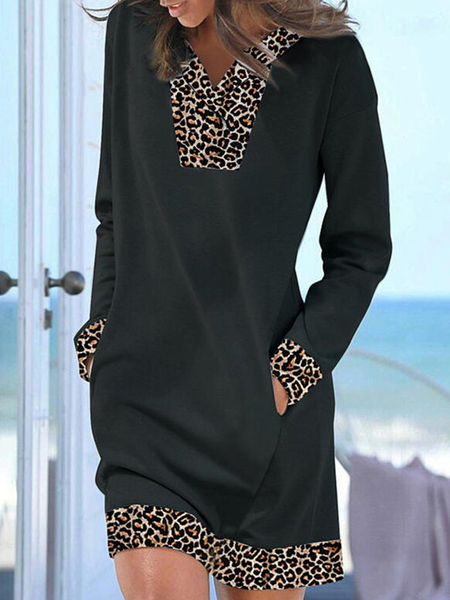 

Leopard Long Sleeves Shift Above Knee Casual Tunic Dress, Black, Casual Dresses