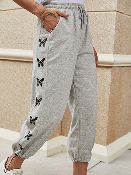 

Casual Butterfly Printed Pocket Drawstring Joggers Pants, Gray, Pants
