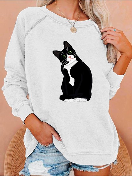

Cute Cat Print Crew Neck Sweatshirt, White, Hoodies&Sweatshirts