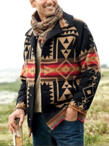 

Native Pattern Print Long Sleeve Jackets, Black, Coats