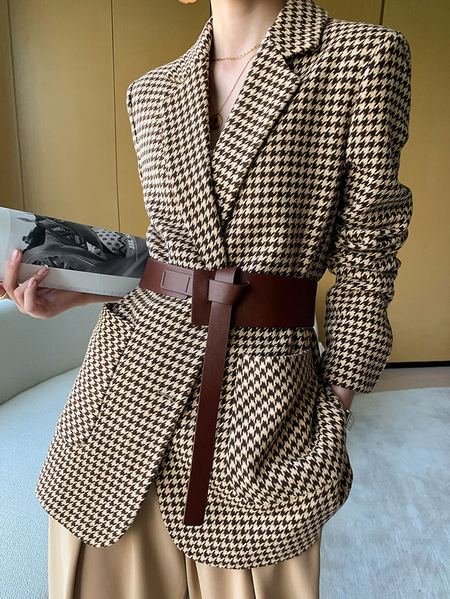 

Regular Fit Lapel Casual Shirt Sleeve Blazer With Belt, Grid, Blazers