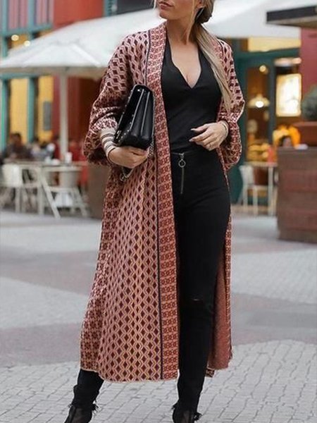

Holiday Printed Long Sleeve Loosen Outerwear, Red, Coats