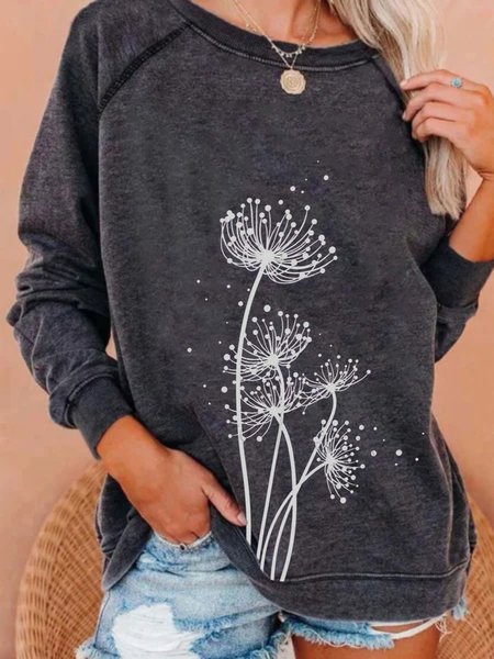 Casual Long Sleeve Round Neck Plus Size Printed Tops Sweatshirts, Gray, Hoodies & Sweatshirts