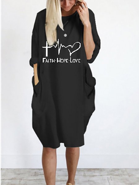 

Crew Neck Long Sleeves Cotton Letter Printed Knitting Dress, Black, Mini Dresses