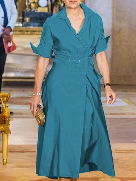 

Cotton Elegant Shirt Collar Solid Dress With Belt, As picture, Midi Dresses