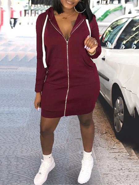 

Casual Long Sleeve Plus Size Hoodie Dress, Wine red, Mini Dresses