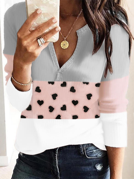 

V Neck Color Block Long Sleeve Sexy Shirts & Tops, As picture, T-Shirts