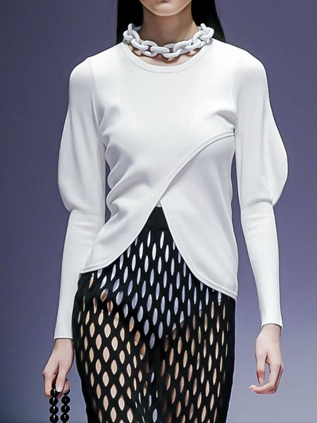 

Long Sleeve Crew Neck Elegant Plain Top, White, Tops