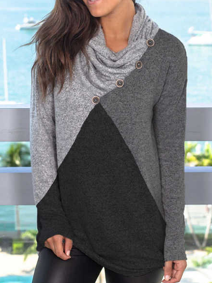 

Fashion Color Block Button Cowl Neck Top Women, Gray, Long sleeve tops
