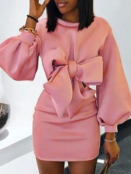 

VintageCasual Plain Crew Neck Simple Regular Fit Dress, Pink, Mini Dresses