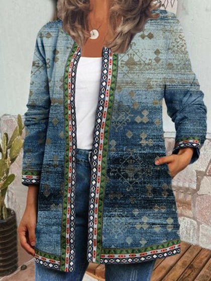 

Long Sleeve Printed Crew Neck Loosen Outerwear, Blue, Cardigans